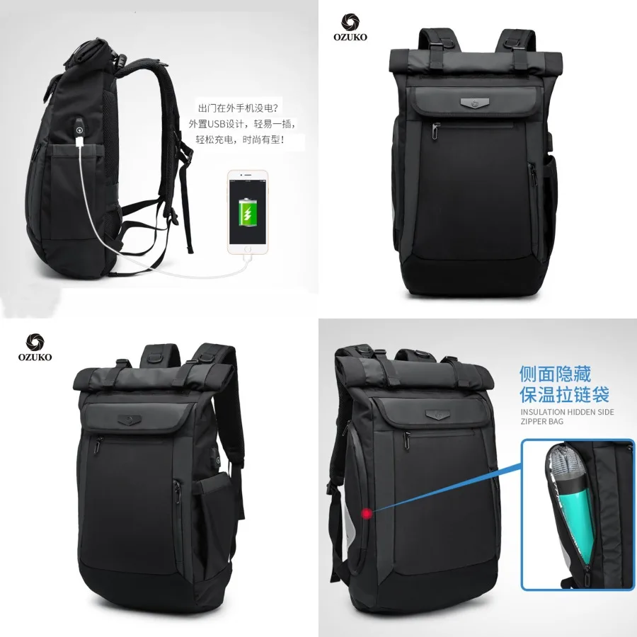 【New style】OZUKO Korean style student backpack large-capacity waterproof computer bag casual commuter travel bag men's -