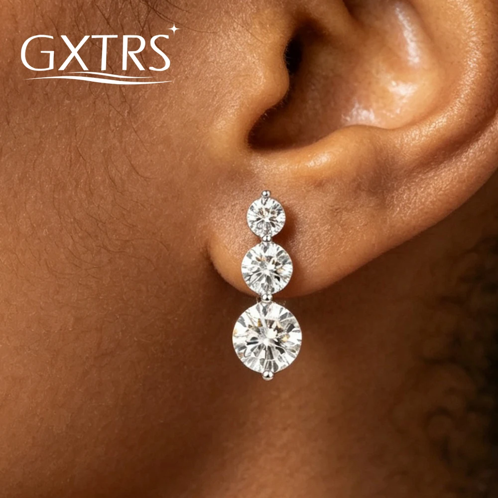 GXTRS 3 Stones Full Moissanite S925 Silver Stud Earrings For Women Gradient Lab Diamond Wedding Ear Studs Fine Jewelry Certified
