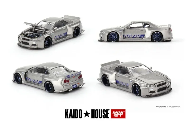 

Kaido House x MINI GT Skyline R34 Kaido Works SHINJUKU V1 Серебряная литая под давлением модель автомобиля