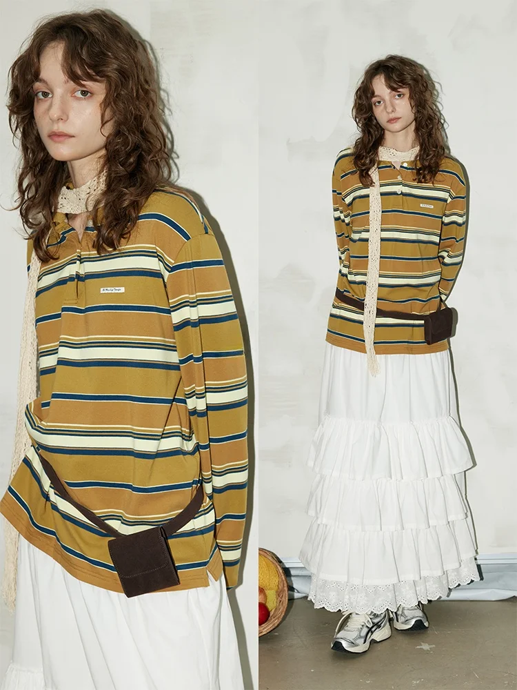 

BMLT Classic Profile Korean Sle Loose Fit Pure Cotton Casual irt Women's Sweatirt Striped Collared Top Autumn