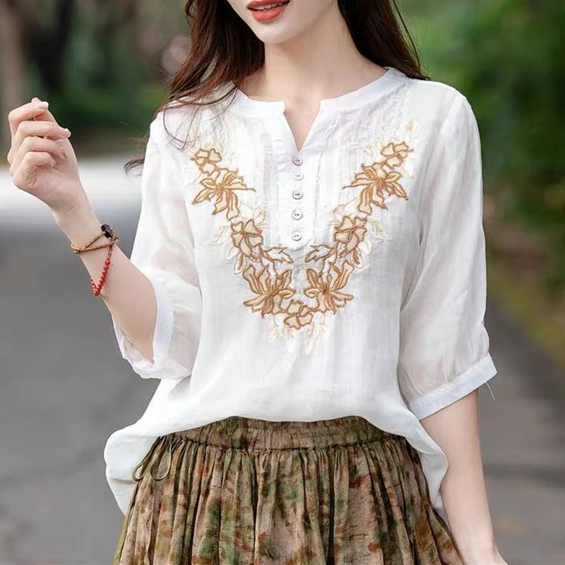 Women\'s Vintage Embroidery Chic Elegant Cotton Linen Shirt Summer Solid V-neck Short Sleeve Loose Blouse Blusas Mujer Moda 2023