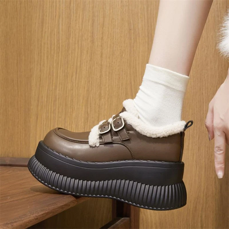 NEW Winter Women Platform Cotton Shoes Female Warm Plush Loafers Thick Bottom Casual Short Boots Ladies Microfiber Leather Shoes