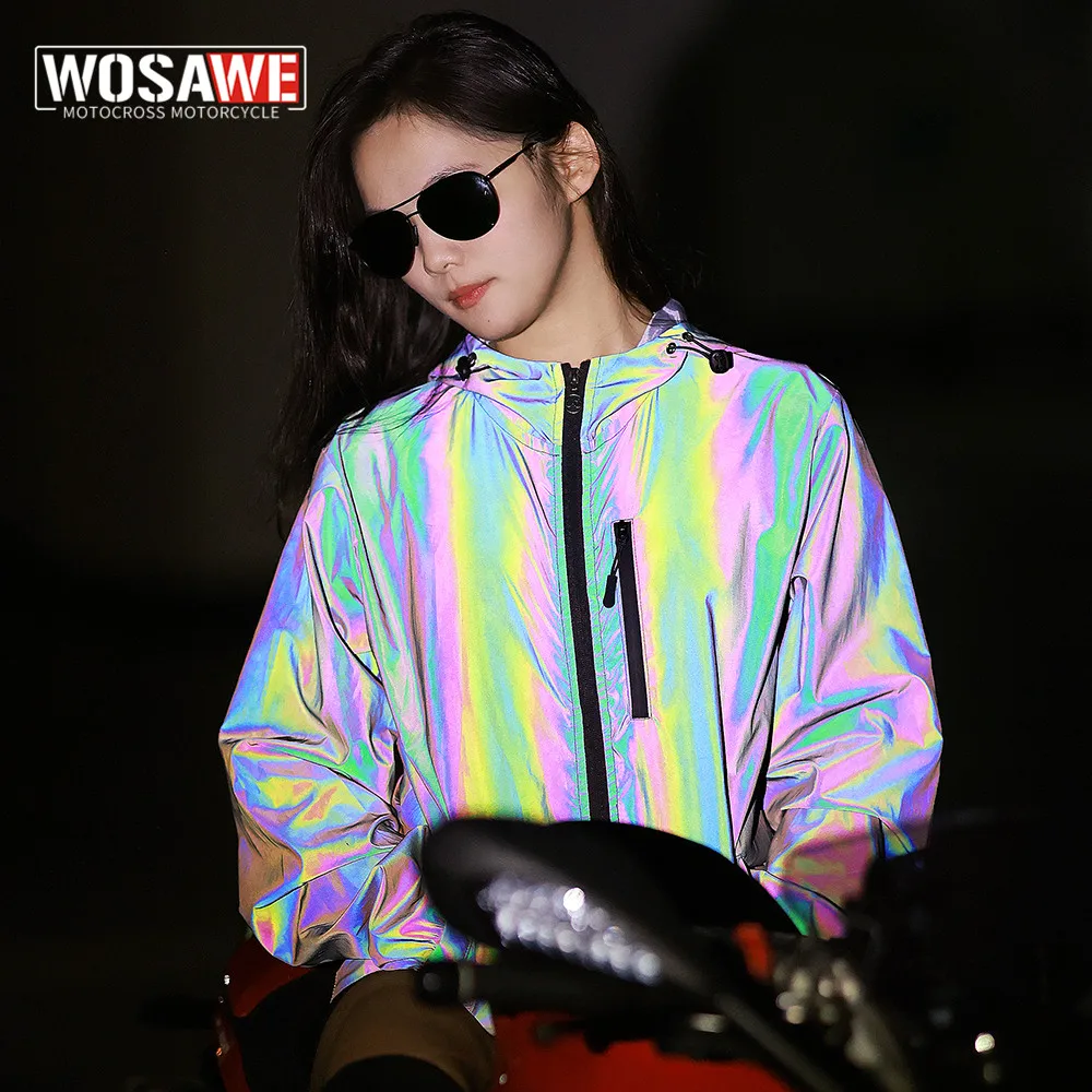 WOSAWE jackets motorcycle Reflective jacket men women Streetwear Noctilucent jacket waterproof hooded hip-hop night shiny coats