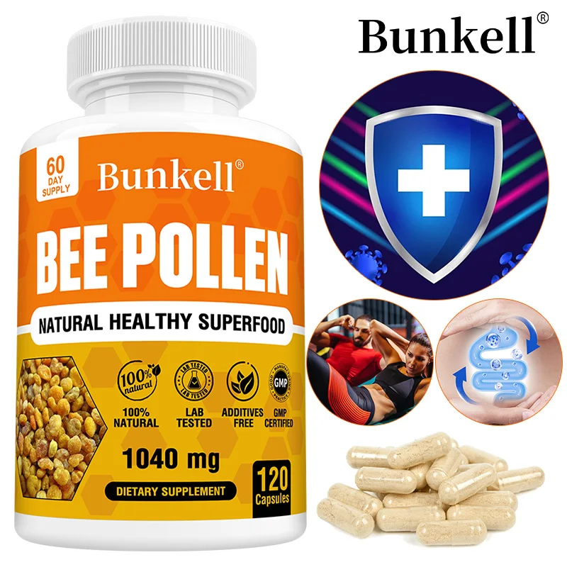 Suplemento de polen de abeja Cápsulas vegetarianas de polen de abeja cruda 100% natural, superfood probiótico, digestión, apoyo e energía inmunológico