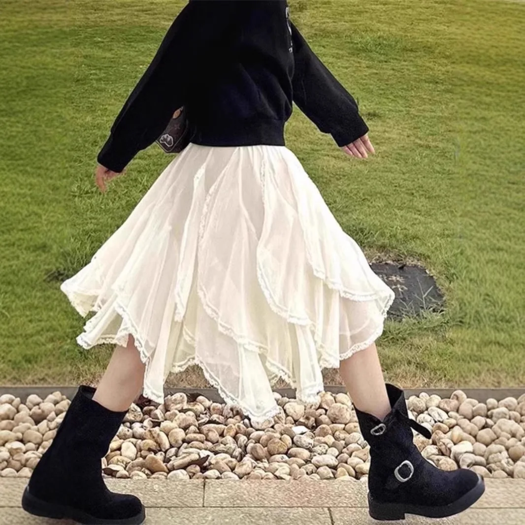 French Irregular Lace Splicing Skirt Women's Spring Summer Heavy Industry Ballet Style High Waist Skinny Tulle Cake Skirt