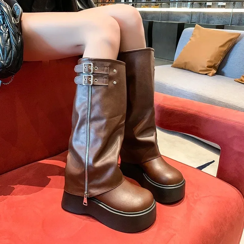 2024 Brand Women's Shoes Belt Buckle Women's Boots Fashion Round Toe Modern Boots Women Hot Sale Thick Bottom Knee-High Boots