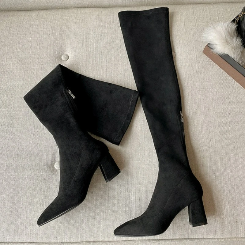 أحذية نسائية مثيرة بمقدمة مدببة فوق الركبة أحذية بكعب مربع أحذية عالية دافئة أحذية جورب مرنة للنساء من جلد الغزال أحذية بسحاب خلفي #6