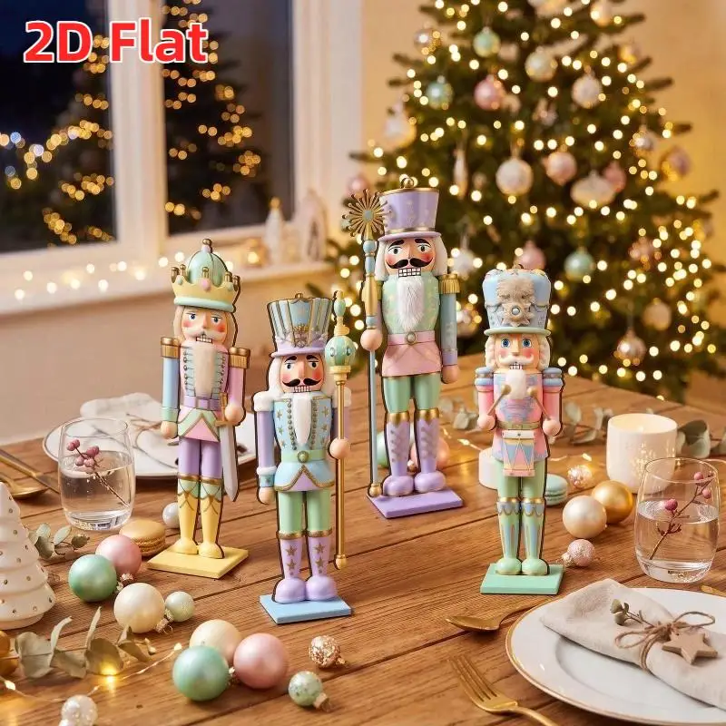 3/4Pcs 2D Flat Pastel Wooden Nutcracker Soldier Set Hand Painted Figurine Ornament for Christmas Tree Home Party Decoration