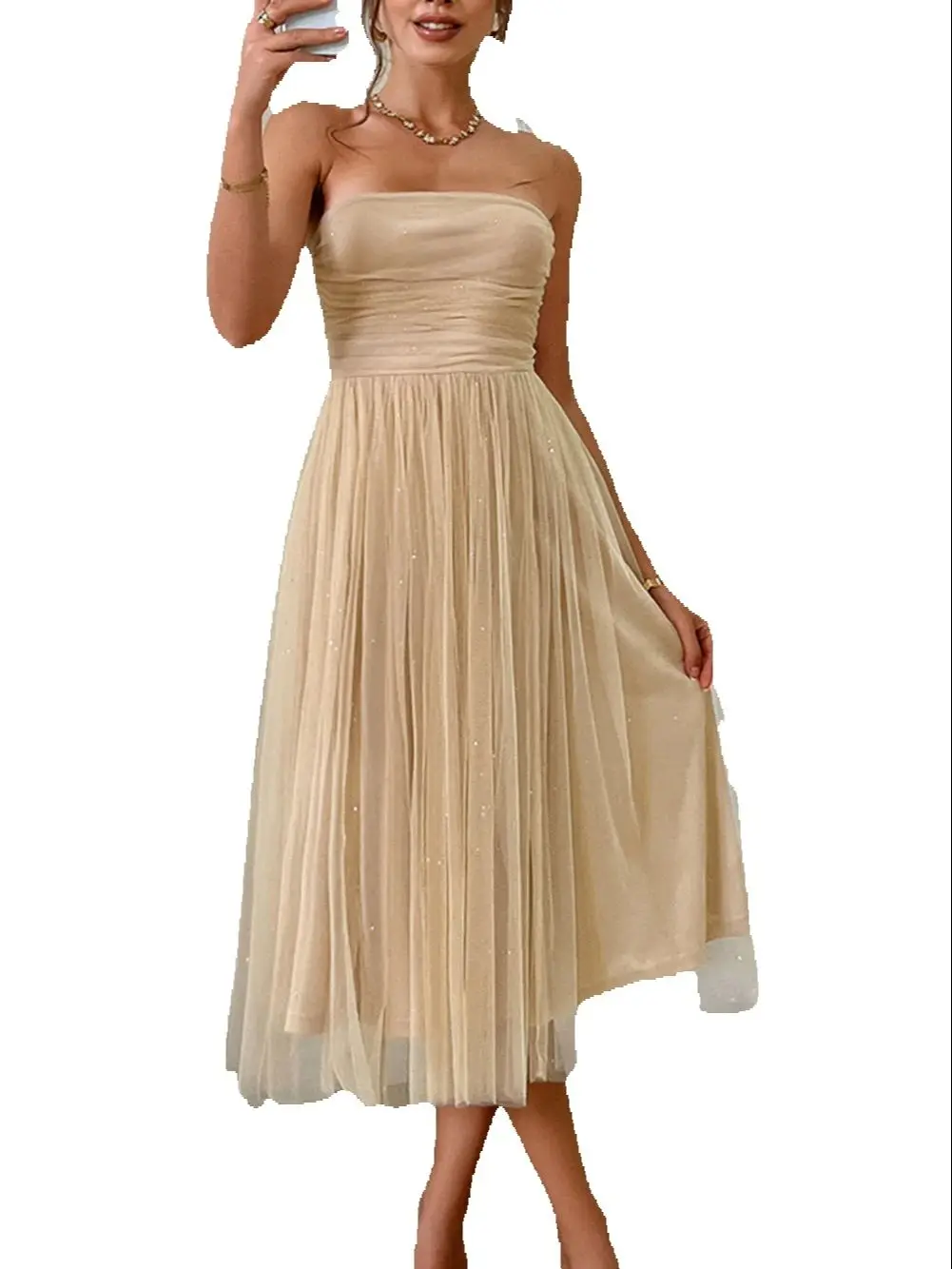 

Back Bow Strapless Mesh Tulle High Waist Stuning Evening Dress