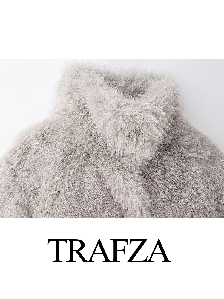 TRAFZA, abrigo cálido de invierno para Mujer, chaquetas de piel sintética, moda femenina, bolsillos sólidos, botones de manga larga, prendas de vestir exteriores de cuello alto para Mujer