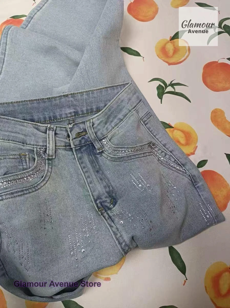 French style fashion design sense rhinestone pants women's summer new temperament high waist covered leg narrow casual jeans.