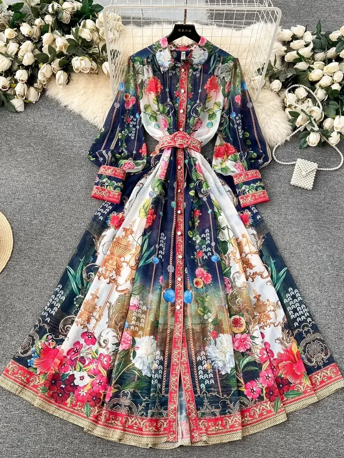 

Spring Summer Holiday Gorgeous Flower Chiffon Dresses Women's Stand Long Lantern Sleeve Belt Floral Print Loose Robe Vestidos