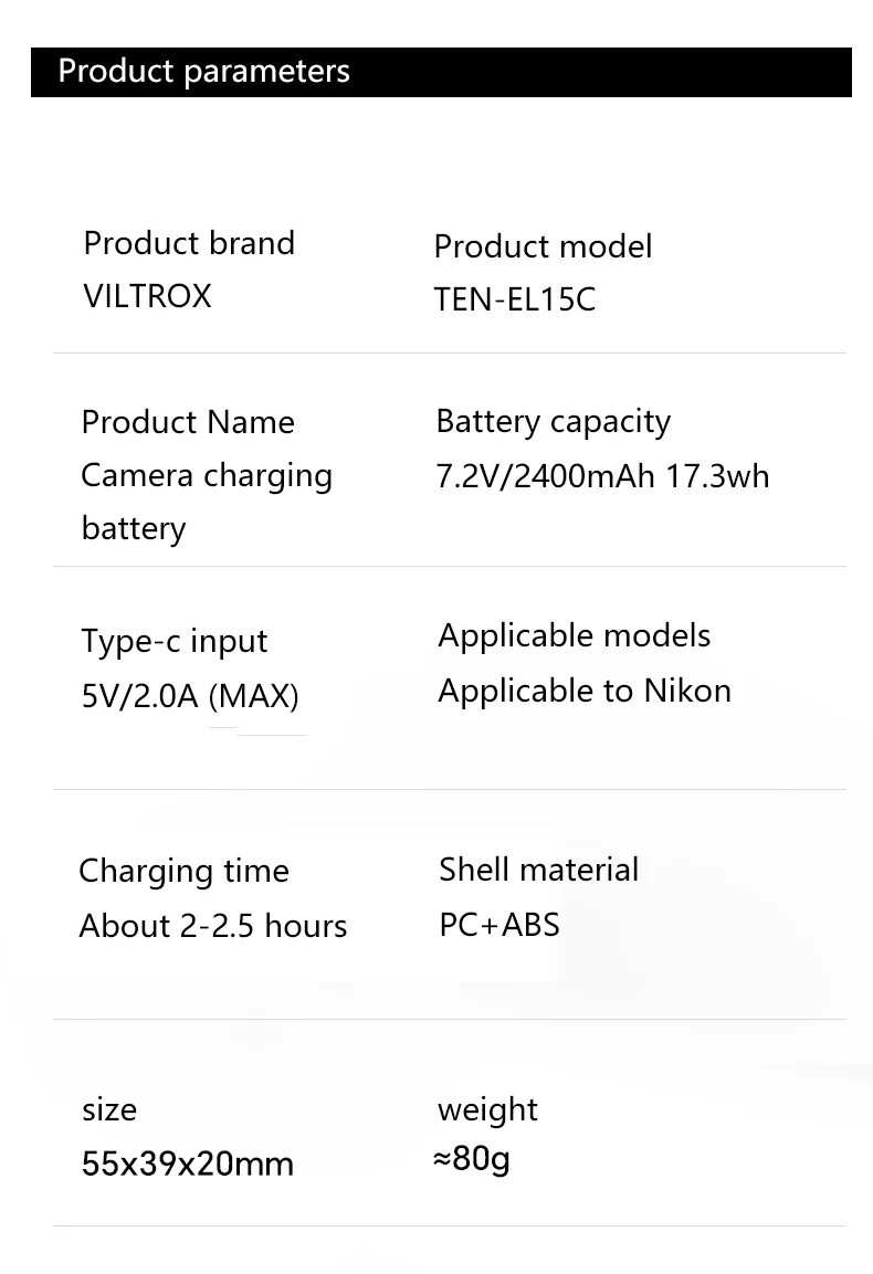 VILTROX TEN-EL15C batteria per fotocamera 2400mAh per Nikon D500 D600 D750 D800 D810 D850 D7500 Z5 Z6 Z6II Z7 Z7II