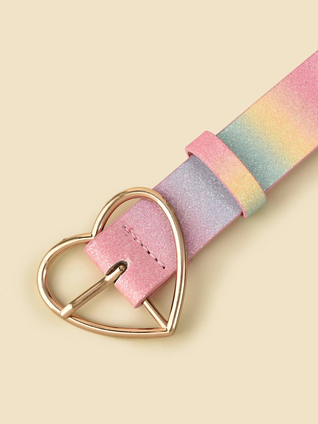 Women\'s Hot Sale Fashion Sweet Glitter Rainbow Glitter PU Leather Love Buckle and Round Buckle Belt