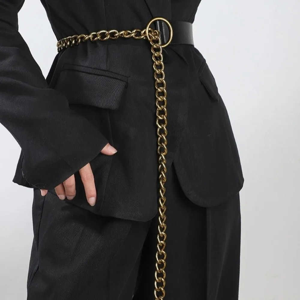 مشبك معدني بسيط من جلد البولي يوريثان، حزام نحيف من الجانب على الطراز الكوري، سلسلة خصر رفيعة، بدلة قابلة للتعديل، قميص سلسلة فستان مطابق