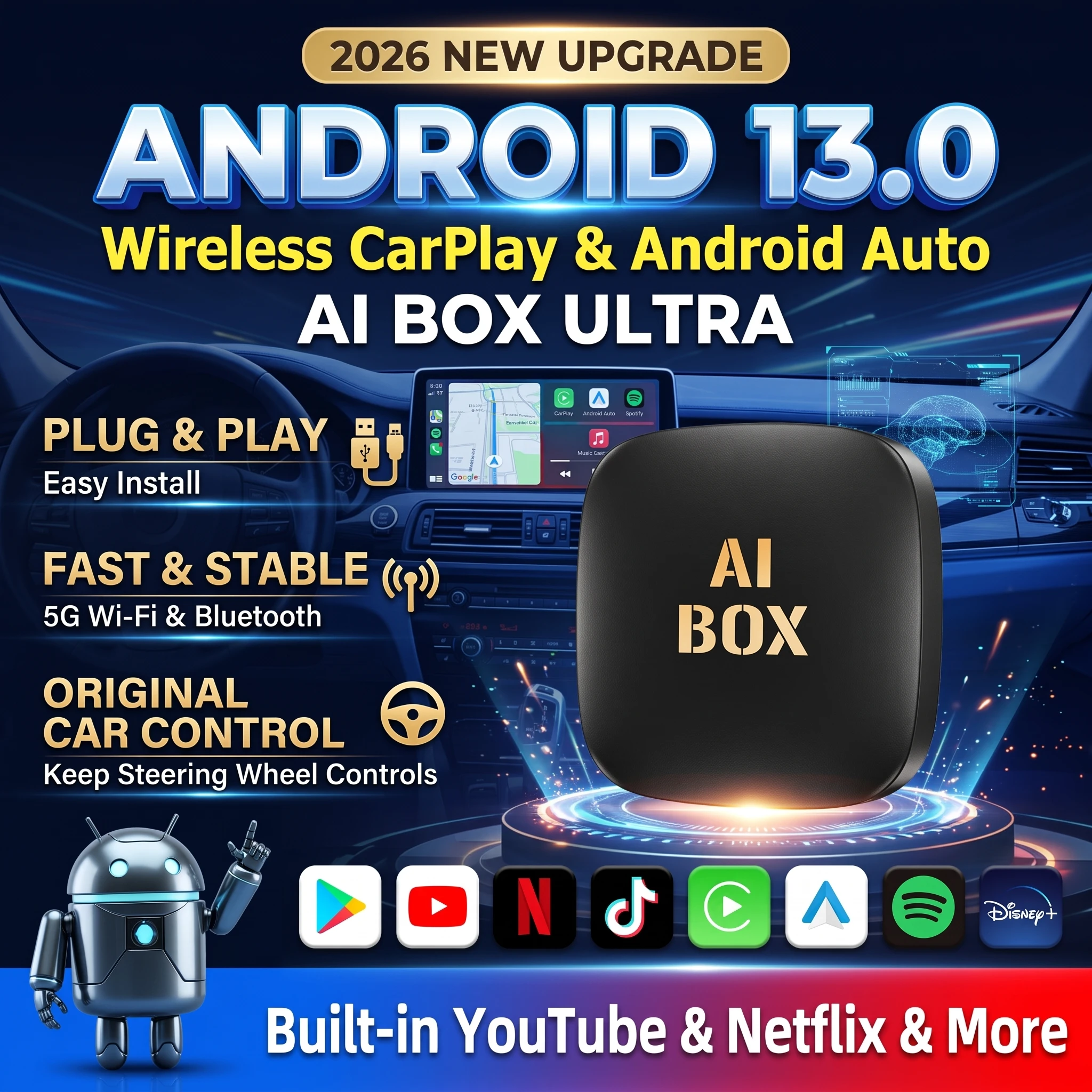 2026 Android13 CarPlay Ai Box Kowankit Wireless Android Auto 3 in 1 USB Adapter Plug & Play For Youtube Netflix Universal TV Box