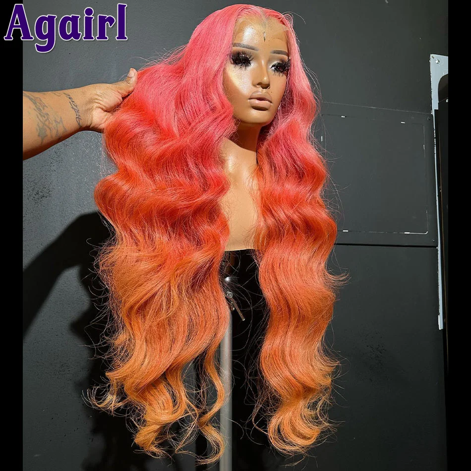 Body Wave Lace Frontal Perucas para Mulheres, Cabelo Humano Colorido, Ombre, Rosa, Laranja, Transparente, 13x6, 13x4, 200% Densidade