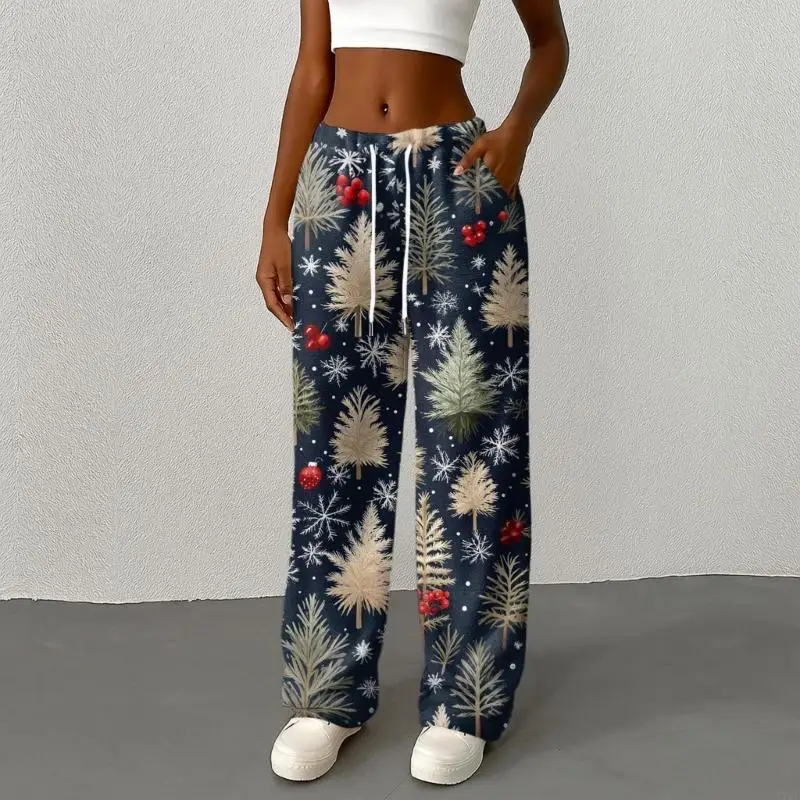 77HE Damen-Weihnachtspyjamahose – Flauschige und weiche Flanell-Weihnachtsbaum-Rentier-Weihnachtsmann-Pyjamahose