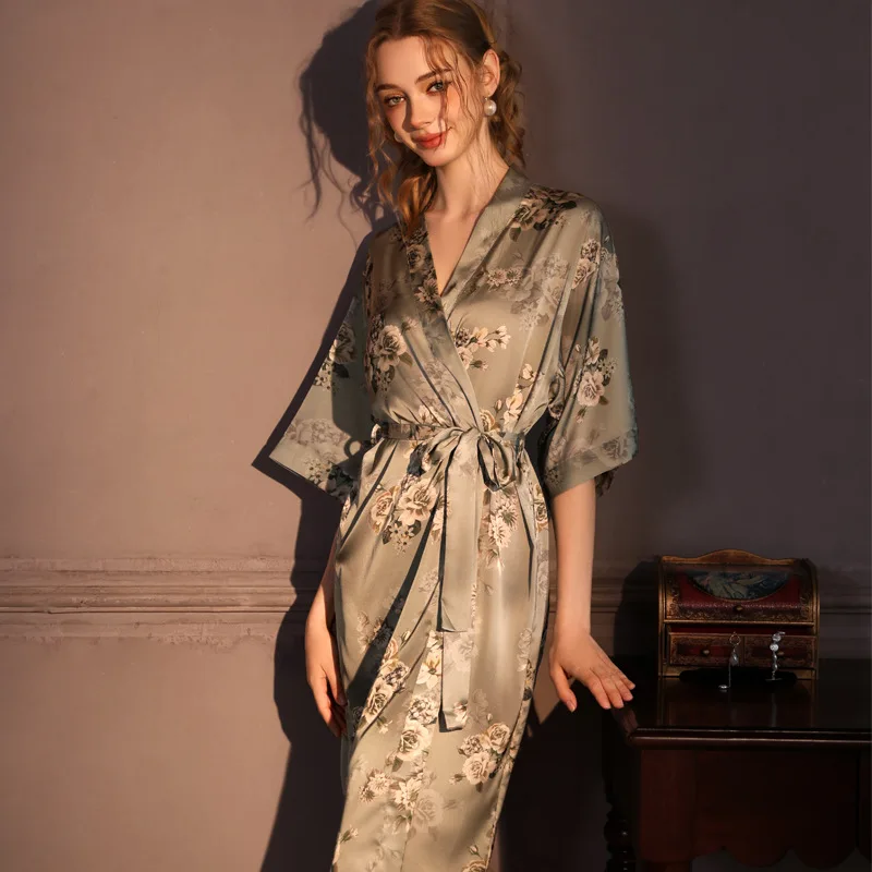 

Luxury Silky Satin Jacquard Long Robe Kimono Bathrobe Spring Summer New Female Sleepwear Nightgown Loose Homewear Loungewear