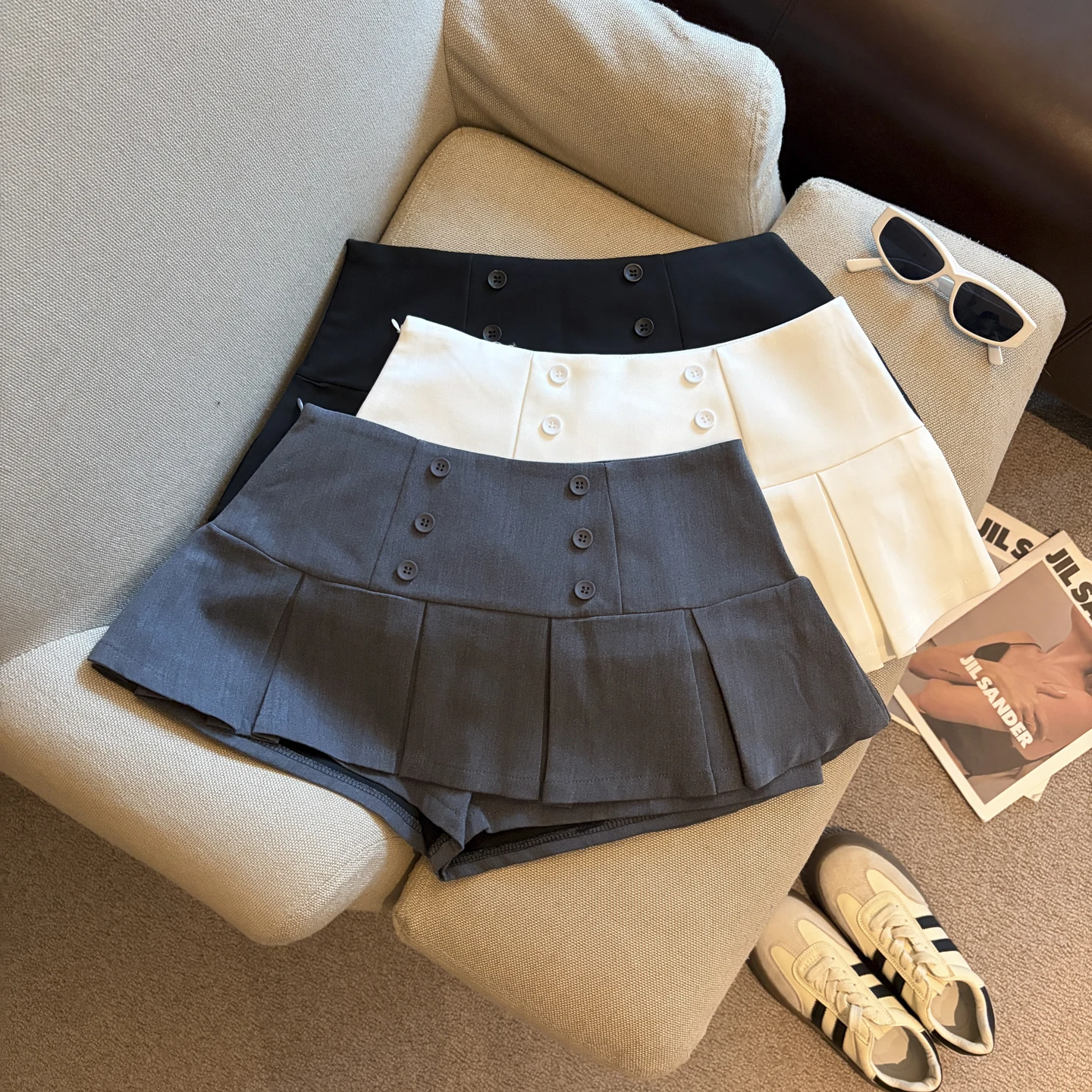 Women's Summer Elegant Pleated Double Breasted Short Skirt Lady Solid Color Low Waist A Line Mini Skirt