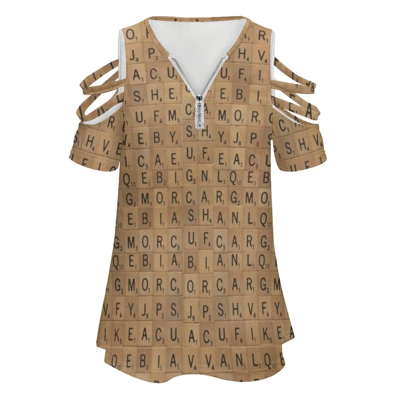 Scrabble Wood Letter Game Pieces Pattern Women Zipper Sexy Printed Vintage T Shirts Tops Full Print T-Shirt Scrabble Board Game