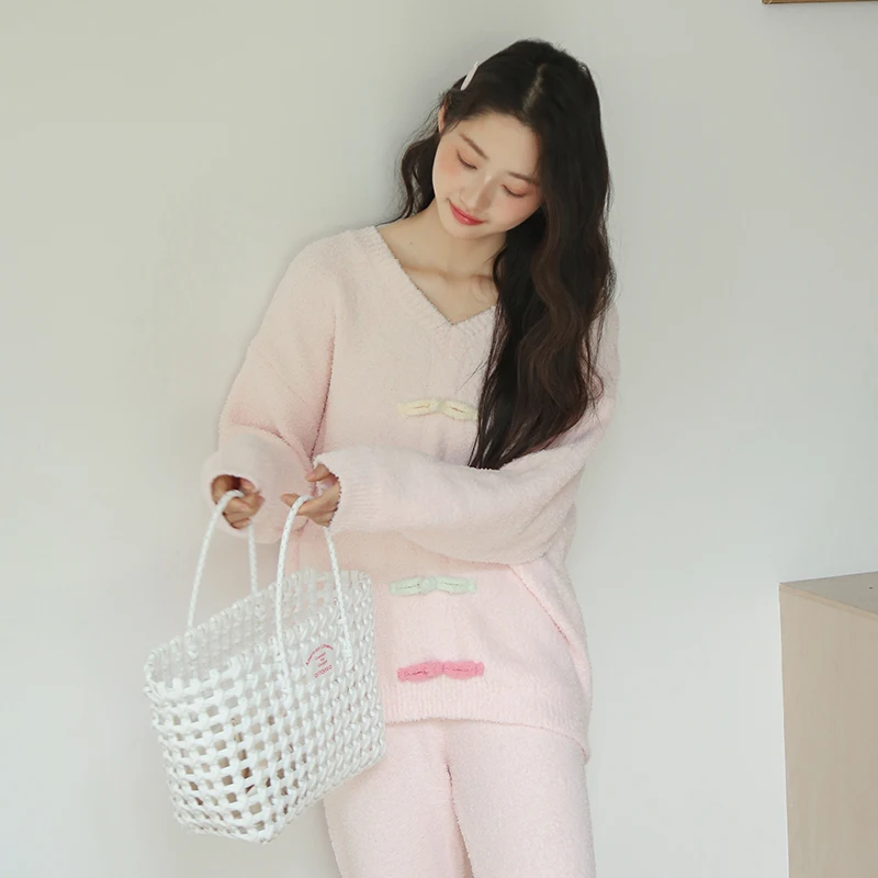 

Women's Autumn and Winter One Side Velvet Chinese Sweet Wind Pajamas Two Piece Set