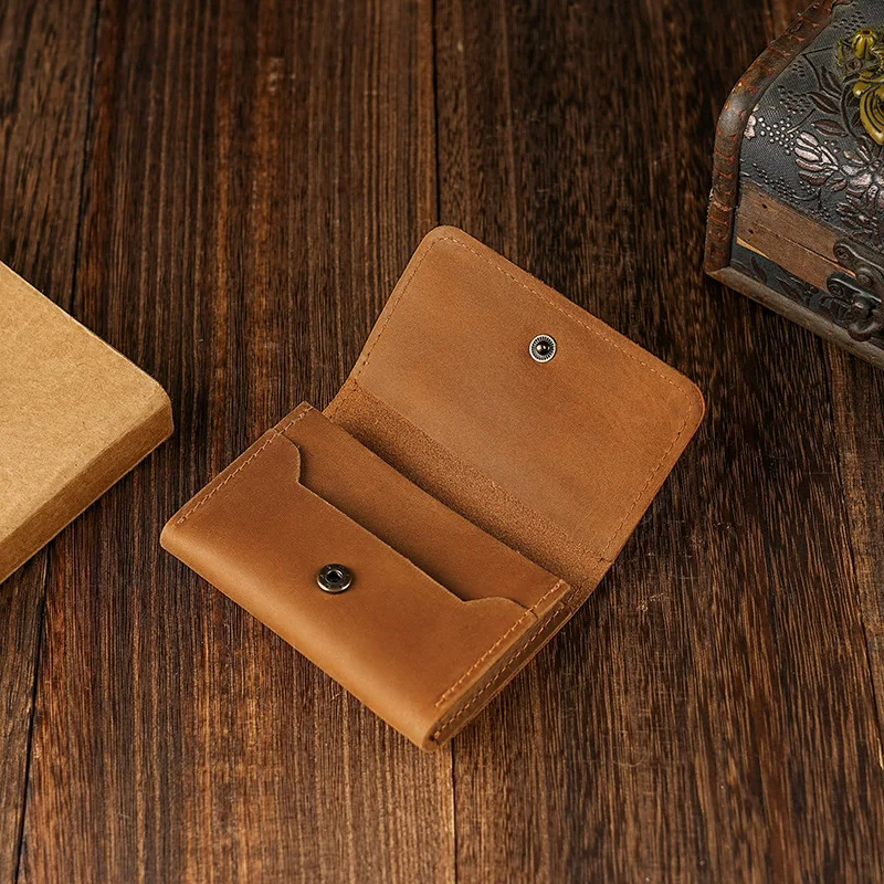 

Crazy Horse Leather Mini Card Holder with Snap Closure, Small Coin Purse for Men and Women, Credit Card and ID Holder