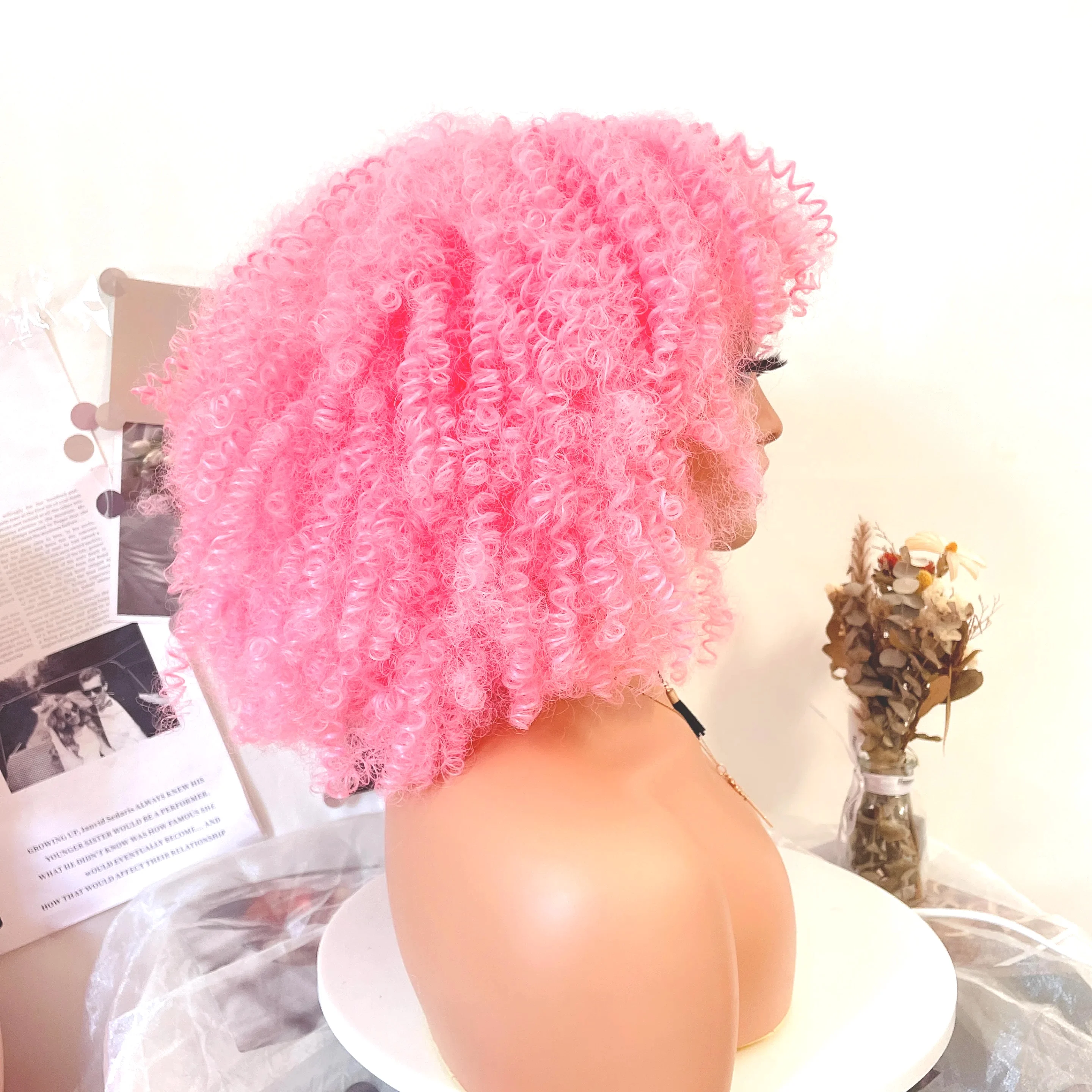 WIGERA Synthetic Afro Pink Curly Wig With Bangs For Black Women Heat Resistant Hair For African American Halloween Party Cosplay