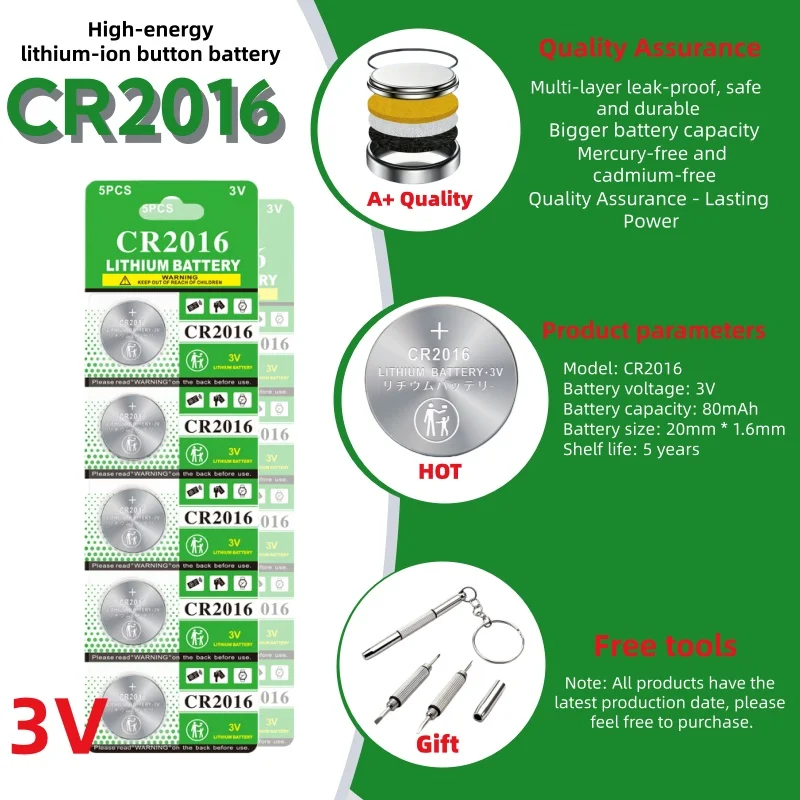 

3V 80mAh CR2016 Button Coin Cell DL2016 ECR2016 BR2016 3V Lithium Battery for Watch Car Key Remote Computer Motherboard
