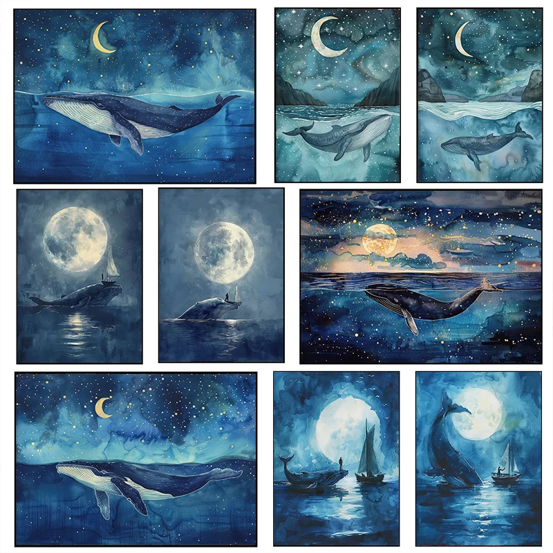 Celestial Starry Night Sky Humpback Whale Watercolour Poster Whale and Boat Canvas Painting Wall Art Living Room Home Decoration