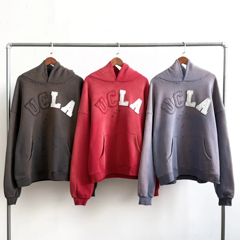 26SS Y2K Men's Women's UCLA Pullover 3D Frayed Edge Cotton Casual Embroidered Oversized Hooded Sweatshirt