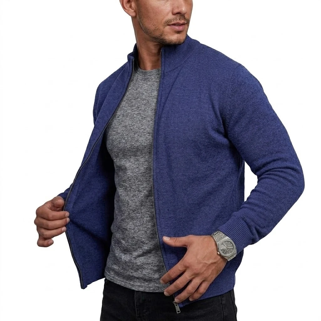 Herren-Strickjacke mit hohem Kragen und Reißverschluss, langärmelig, lässige Strickjacke, Mantel, Thermo-Strickware, Winter-Oberbekleidung mit Stehkragen – Detail 12