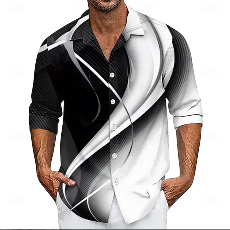 قميص رجالي رفيع ومريح بأكمام طويلة، قميص فاخر بأكمام طويلة بنمط طباعة رخامية هندسية ثلاثية الأبعاد لملابس ربيع الخريف