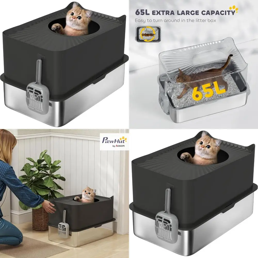 

Очень большой закрытый лоток для кошек с высокими стенками, верхним входом, совком, противоскользящими подкладками, защитой от протекания, нелипкий, черный