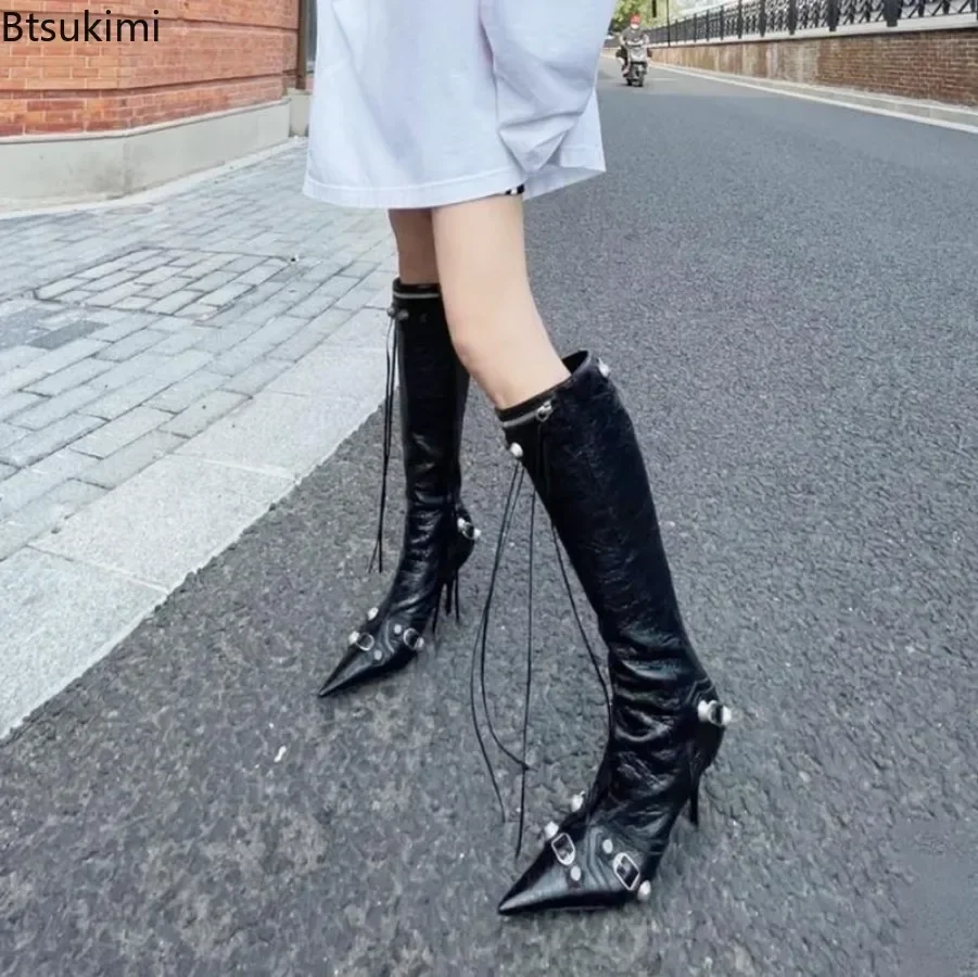 New 2024 Women\'s Sexy High Heels Long Boots Pointed Toe Tassel Design Long Boots Female Metal Nails Spicy Girl Motorcycle Boots