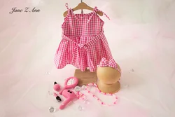 Pink Plaid Sling Dress Set Princess Same Style Little Girl Pleated clothing wool felt make-up mirror Studio Photography Prop