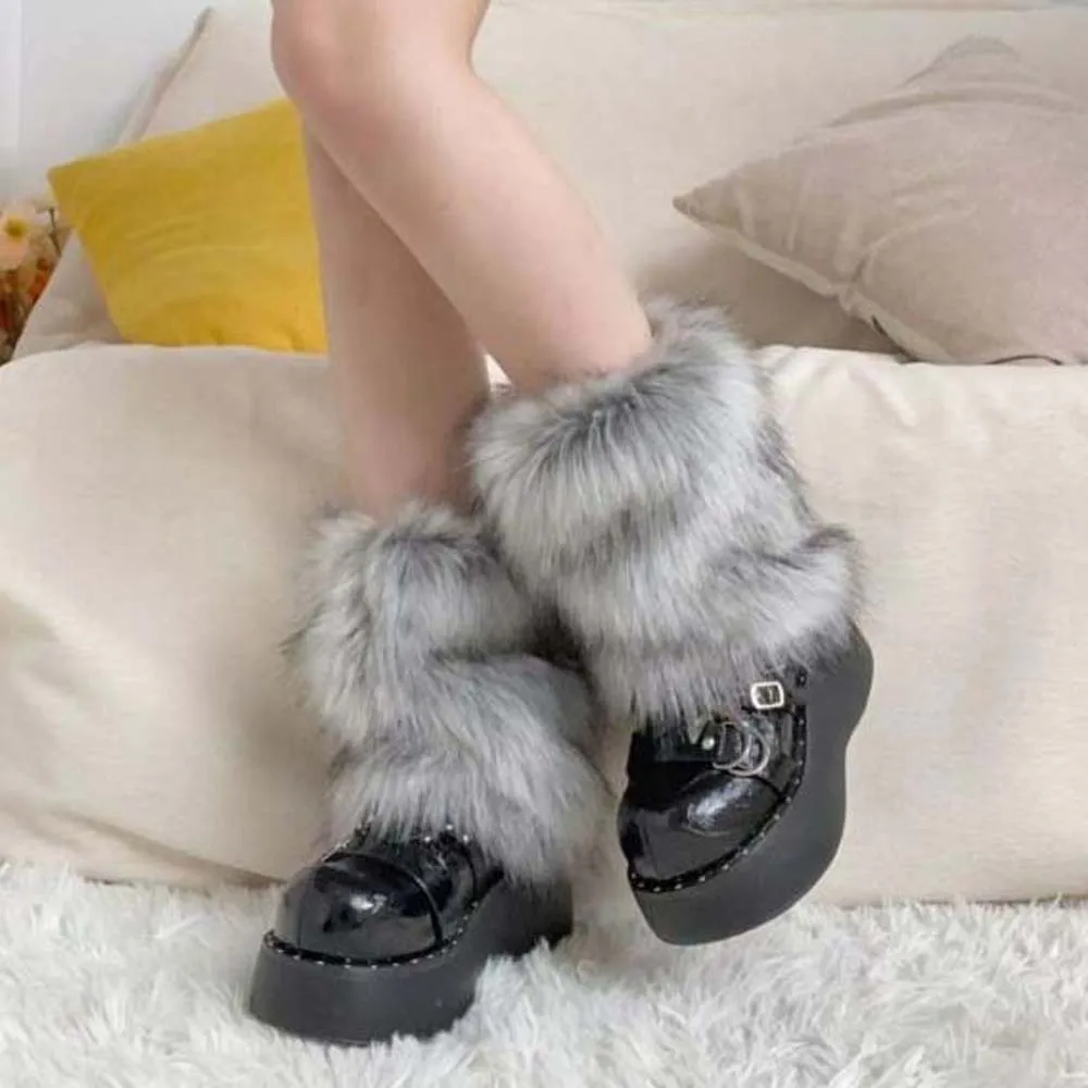 Y2K Thickened Women Fur Leg Warmers Long Tube Protector Fur Leg Warm Socks Imitation Wolf Fur JK Uniform Fur Knee Cover Lady