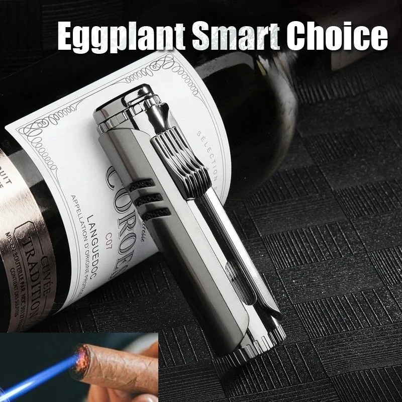 

Креативная металлическая зажигалка для сигар с тремя пламенами, ветрозащитная, с видимым уровнем топлива, многоразовая, стильный подарок для друзей