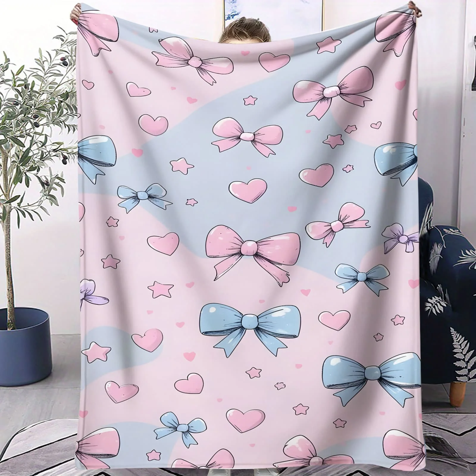 Coperta in pile floreale con fiocco a cuore rosa - Morbido motivo dolce per divano da camera da letto, angolo per ragazze, ideale per i fan dei bambini Kawaii