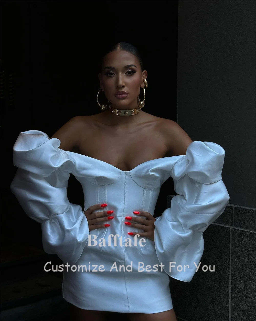 Bafftafe Soft Satin Mini Prom Dresses Long Sleeves Women Formal Outfits Above Knee Cocktail Dress Night Party Gowns Customized