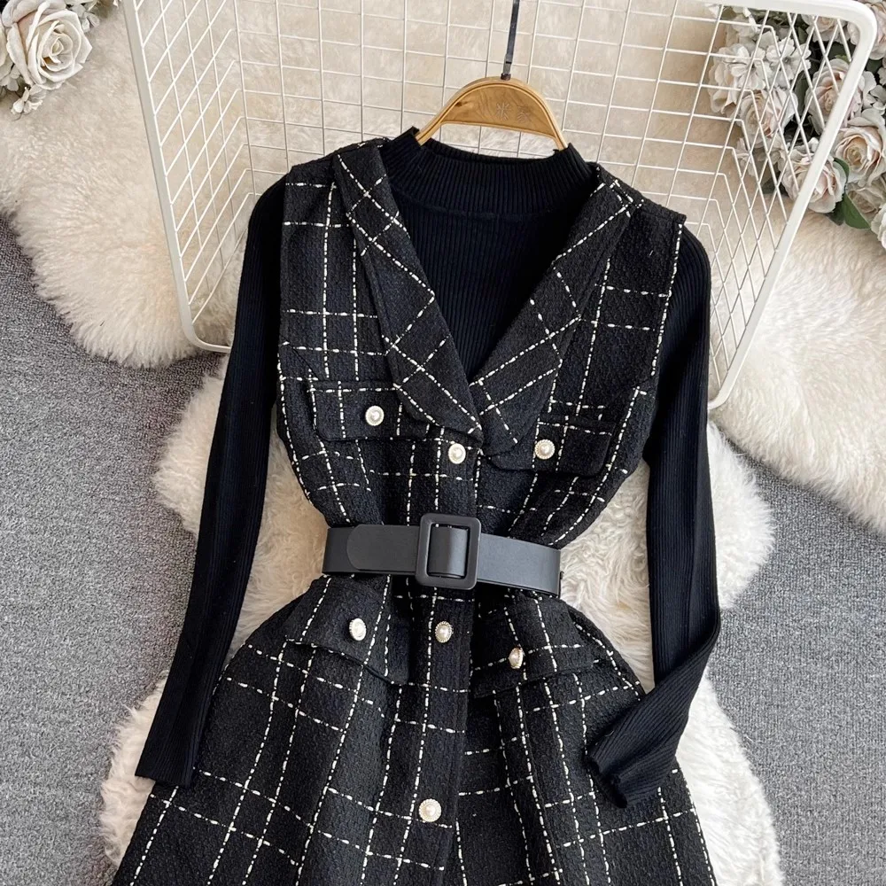 New Fashion Vintage 2 Piece Set Women Winter AUtumn Plaid Tweed Vest Jacket Pearl Button Belt V Neck Waistcoat Knitting Sweater