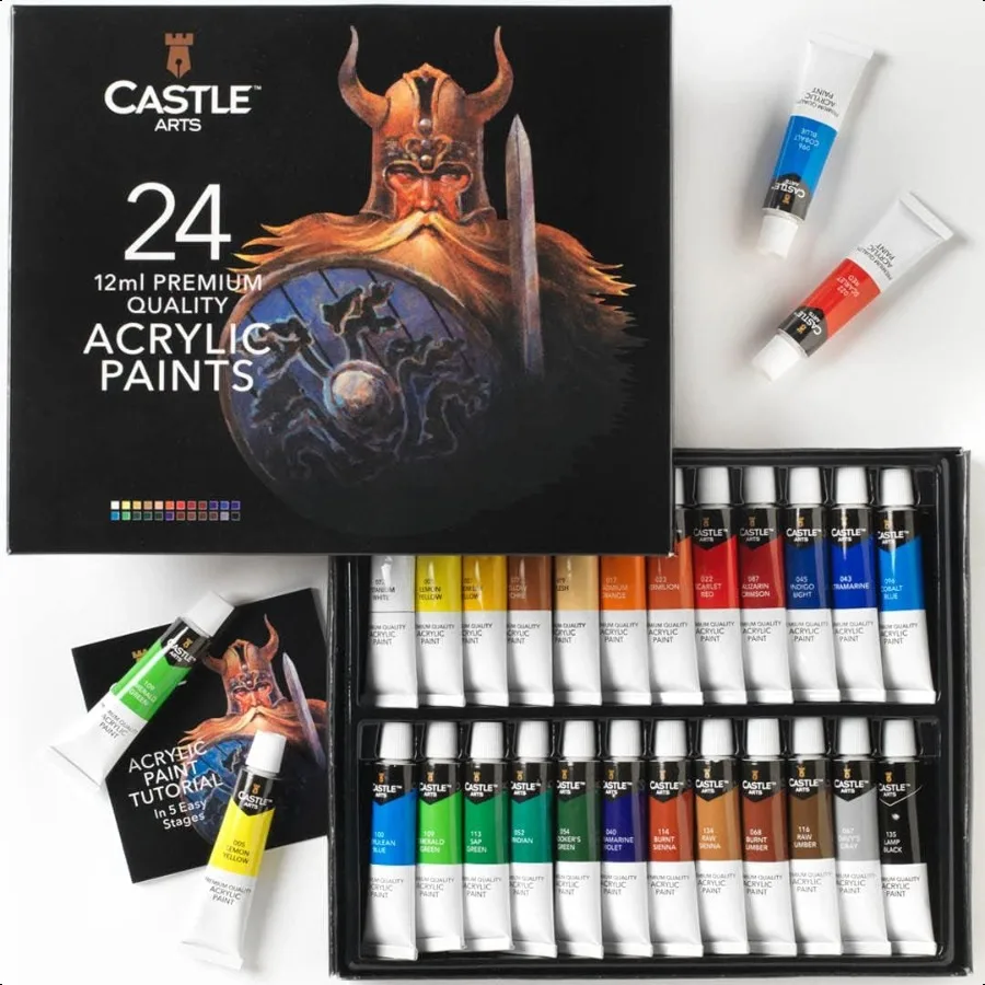 

Castle Art plies 24 X 12ML Acrylic Paint Set Value Beginner Set for Starters or Adult Artists Quality Intense Colors Smooth to