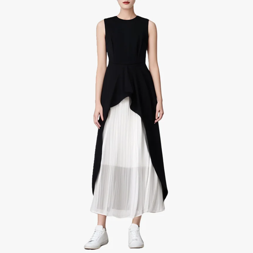 

New Arrial Classic Black and White Contrasting Color Rround Neck Sleeveless Pleated Fashionable Long Dress 240522MX01