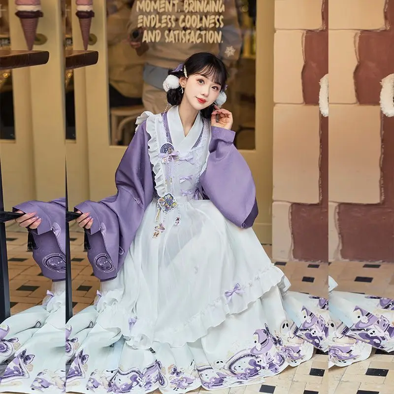 Sweet Chinese Stand Collar Purple Long Shirt Dress Women Autumn Winter Lolita Embroidered Sling Apron Printed Pleated Skirt Sets - view 3