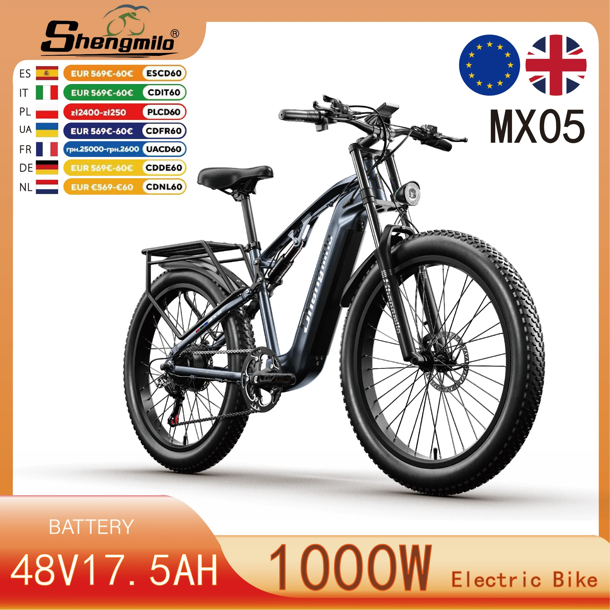 Shengmilo MX05 Elektro-Mountainbike, 500W Spitzenleistung Bürstenloser Motor, 48V17.5Ah Samsung-Akku, 26"*3.0 Fat Tire Vollfederung E-Bike, 7-Gang Hydraulische Bremse E-Bike für