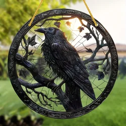 A Crow-stained Window Hanging Catcher,Round Acrylic Sign,Wreath,Porch,Garden, Home Courtyard Office,Gift For Bird-loving Friends