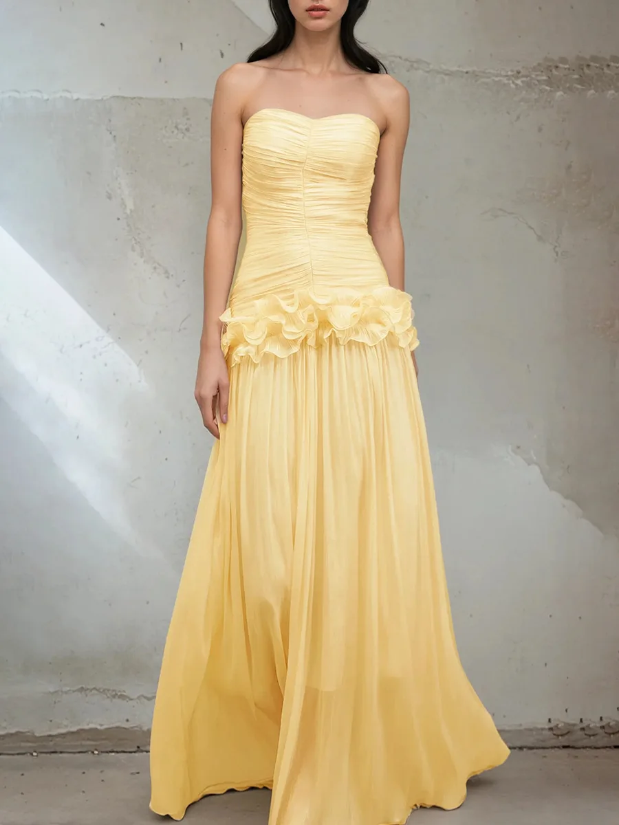 

Tempatement Patchwork Ruffle Slim Dress For Women Strapless High Waist Ruched Midi Elegant Dresses Female Fashion