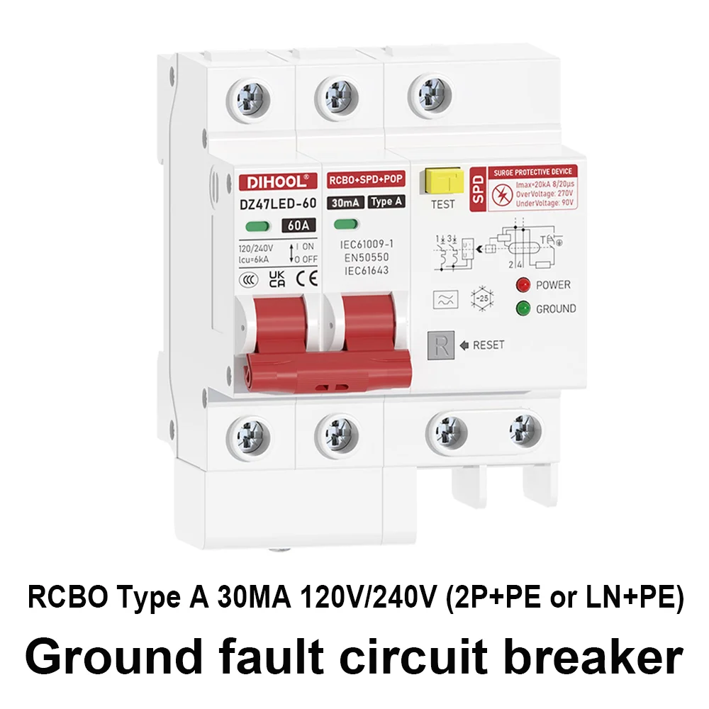 RCBO Type a Grounding Fault Circuit Breaker 30MA 110V/220V Differential Breaker Leakage Lightning Protection for Electrical Safe