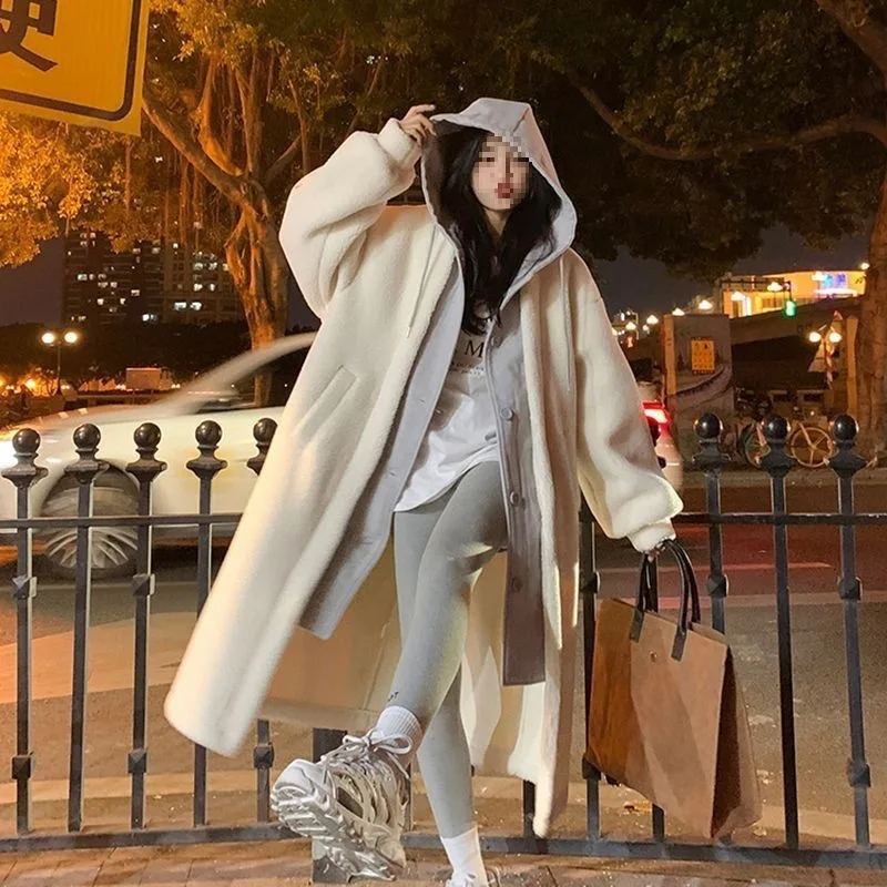 سترة كورية أنيقة طويلة بقلنسوة من لحم الضأن المخملي ملابس خارجية عصرية فضفاضة متعددة الاستخدامات لربيع 2025 نمط الكلية طازج حلو #5