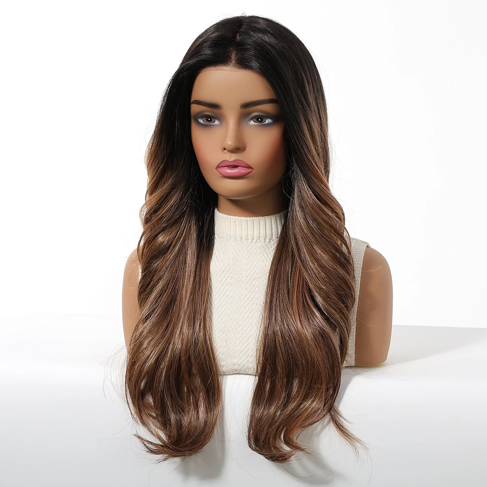 HAIRCUBE MONO Wig Sintetis Depan Renda Coklat Wig Bagian Bebas Alami Rambut Palsu Panjang Bergelombang untuk Wanita Pesta Harian Tahan Panas